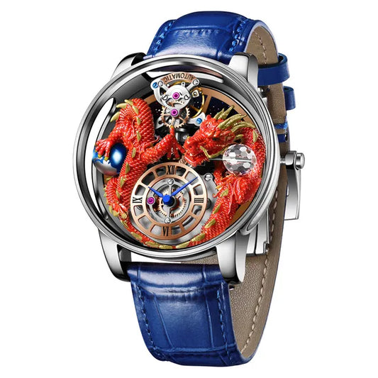 PINDU Design New 3D Dragon Earth Theme Quartz Watches Men Celestial Series Curved Mirror Transparent Design Watch Wristwatches