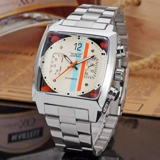 JARAGAR 569 Men's Mechanical Watch Fashion Design Square Dial Date Week Waterproof Steel Strap Leisure Wristwatch