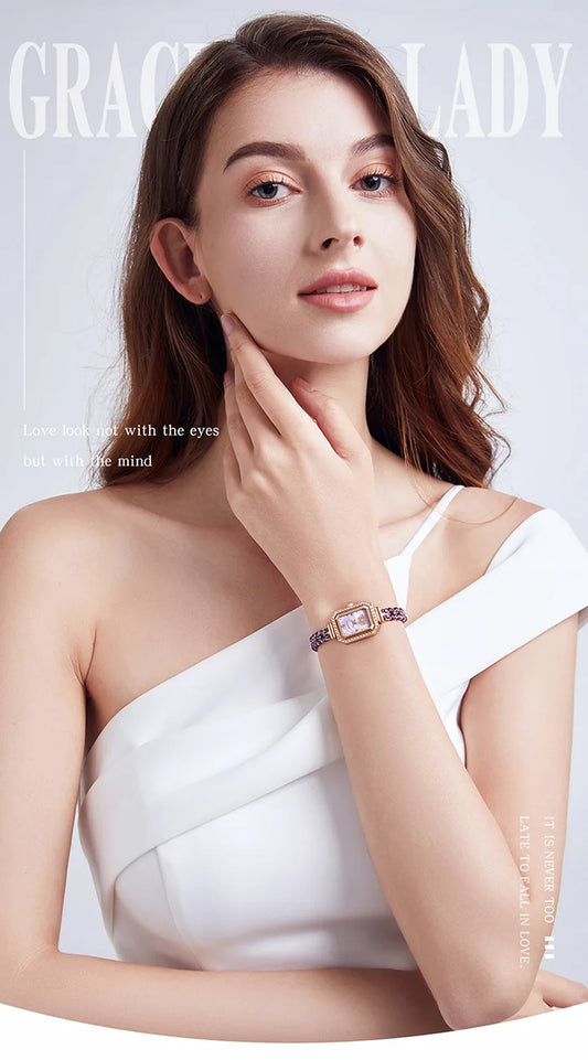 UTHAI W40 Watch For Women Pearl Fritillary Square Waterproof Fashion Luxury Amethyst Diamond inlaid Lady Bracelet Wristwatches