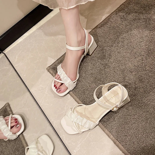 New Summer Style Casual Simple Solid Color Square Toe Open Toe Buckle Strap Square Heel Medium Heel Fashion Sandals