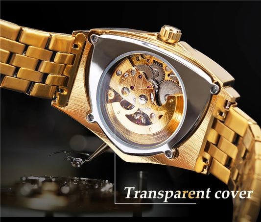 Winner 395S New Male Wrist Mechanical Watches Golden Stainless Steel Waterproof Sport Mens Triangle Skeleton Watch Transparent