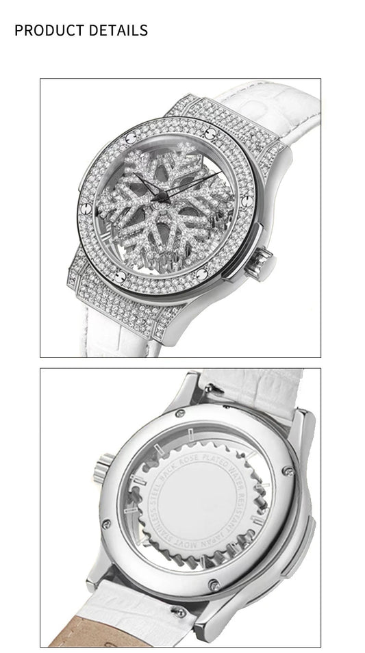 UTHAI L58 Watch For Women Light Luxury Leather Strap 360 Degrees Rotary Snowflake Hollow Diamond Ladies Watches Waterproof Clock