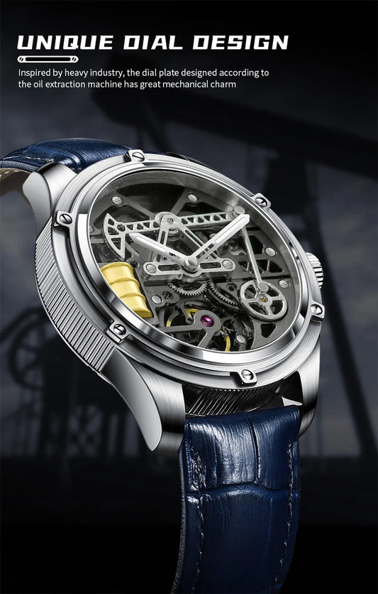 PINDU Watch Miyata 8215 Mechanical Movement Sapphire Mirror Waterproof Luminous Oil Well Business Men Mechanical Wristwatches