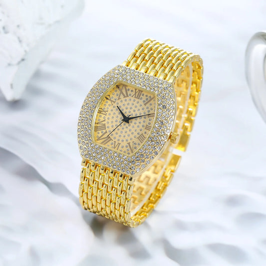 UTHAI H64 Women's Full Diamond Watch Temperament Gold Steel Band Barrel shaped Full Sky Star Vintage Fashion Quartz Wristwatches