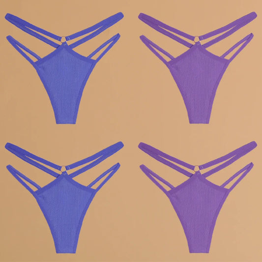 FINETOO 4Pcs Cotton Double Thin Belts Underwear for Women Sexy Low Waist Striped Thongs Ladies Soild Panties Breathable Lingerie