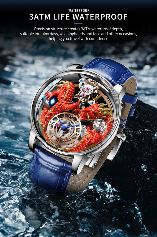 PINDU Design New 3D Dragon Earth Theme Quartz Watches Men Celestial Series Curved Mirror Transparent Design Watch Wristwatches