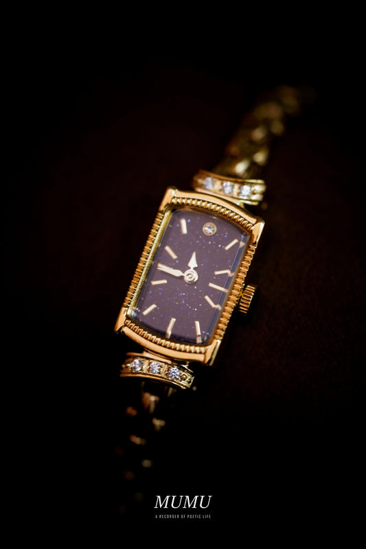 Japanese style galaxy purple gold stone watch rectangular small gold watch niche light luxury quartz women's watch new bracelet