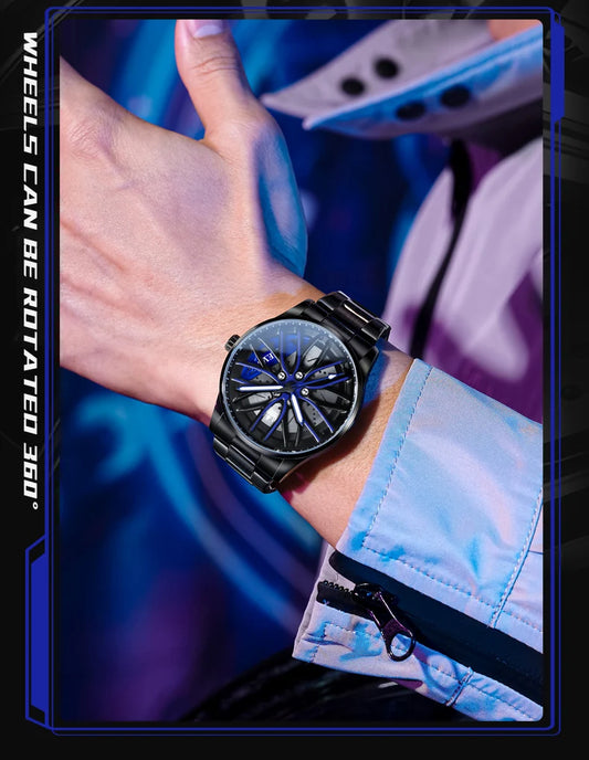 OLEVS Fashion 360° Rotary Dial Quartz Watch for Men Sport Car Rim Wheel Hub Waterproof Luminous Stainless Steel Men's Wristwatch