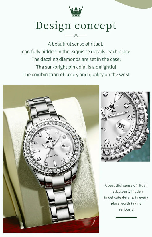 OLEVS Original Diamond Dial Quartz Watch for Women Fashion Elegant Ladies Watches Stainless Steel Waterproof Women's Wristwatch