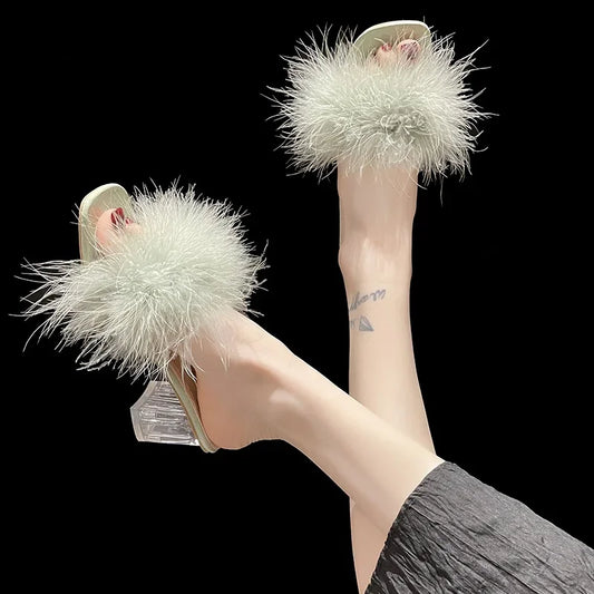 Summer New Furry Square Head Transparent Sandals Thick Open-toe Flip-flops High Heels Fashion Comfortable Casual Women's Shoes