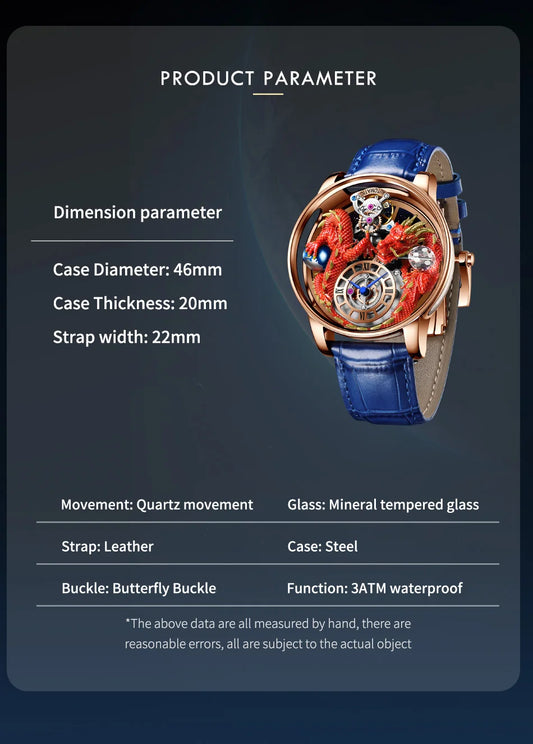 PINDU Design New 3D Dragon Earth Theme Quartz Watches Men Celestial Series Curved Mirror Transparent Design Watch Wristwatches