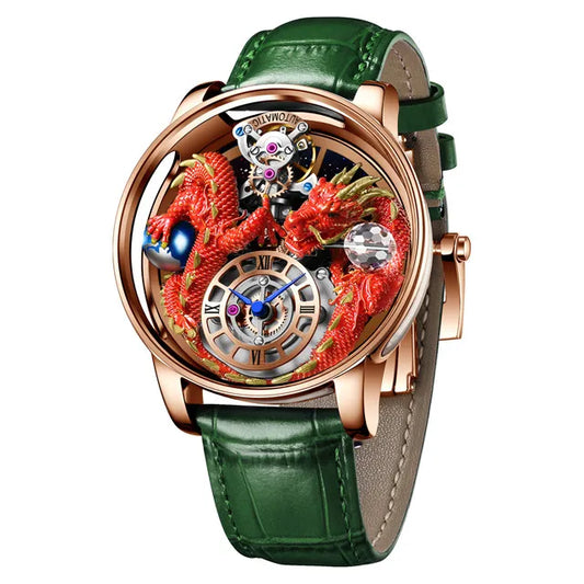 PINDU Design New 3D Dragon Earth Theme Quartz Watches Men Celestial Series Curved Mirror Transparent Design Watch Wristwatches