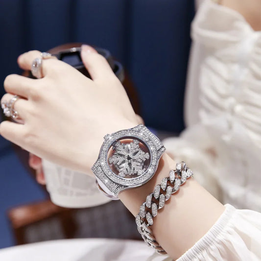 UTHAI L58 Watch For Women Light Luxury Leather Strap 360 Degrees Rotary Snowflake Hollow Diamond Ladies Watches Waterproof Clock