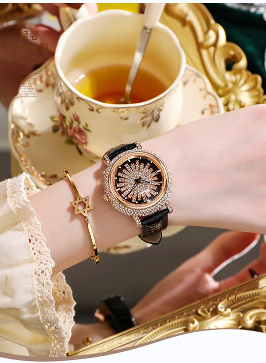 UTHAI Watch For Women Light Luxury Diamond Set 360 ° Running Clock Waterproof Genuine Leather Female's Fashion Quartz Watches