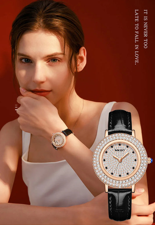 UTHAI W43 New Women's Brand Quartz Watch Luxury Full Diamond Jewelry Crystal Gem Scale Waterproof Leather Band Ladies Watches