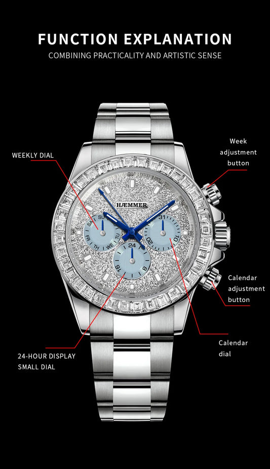 2024 HAEMMER New Men's Watch Luxury Automatic Watch Men's Stainless Steel Multi functional Mechanical Watch Diamond Waterproof