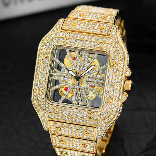 THAI W86 New 2024 Fashion Square Men's Watches Luxury Hollow Hip Hop Full Diamond Metal Waterproof Male Quartz Clock Watch Gift