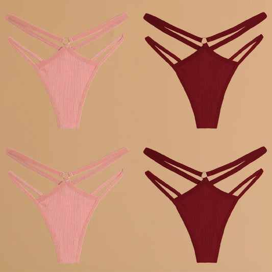 FINETOO 4Pcs Cotton Double Thin Belts Underwear for Women Sexy Low Waist Striped Thongs Ladies Soild Panties Breathable Lingerie