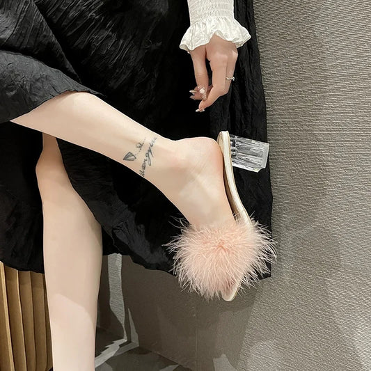 Summer New Furry Square Head Transparent Sandals Thick Open-toe Flip-flops High Heels Fashion Comfortable Casual Women's Shoes