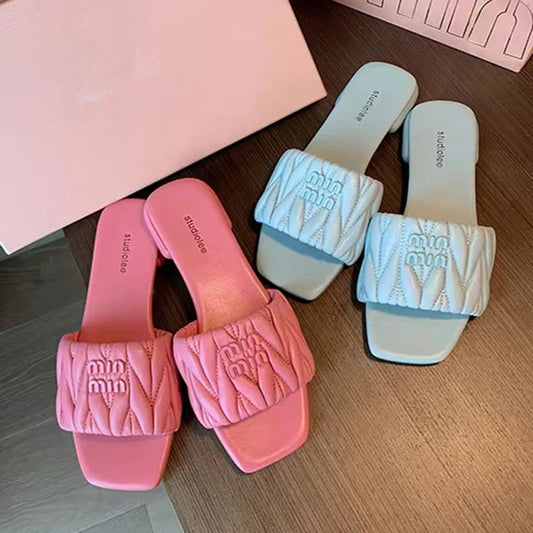 New Square Toe Thick Heel Solid Color Simple Elegant Comfortable Women's Shoes Summer Casual Metal Decorative Fashion Slippers