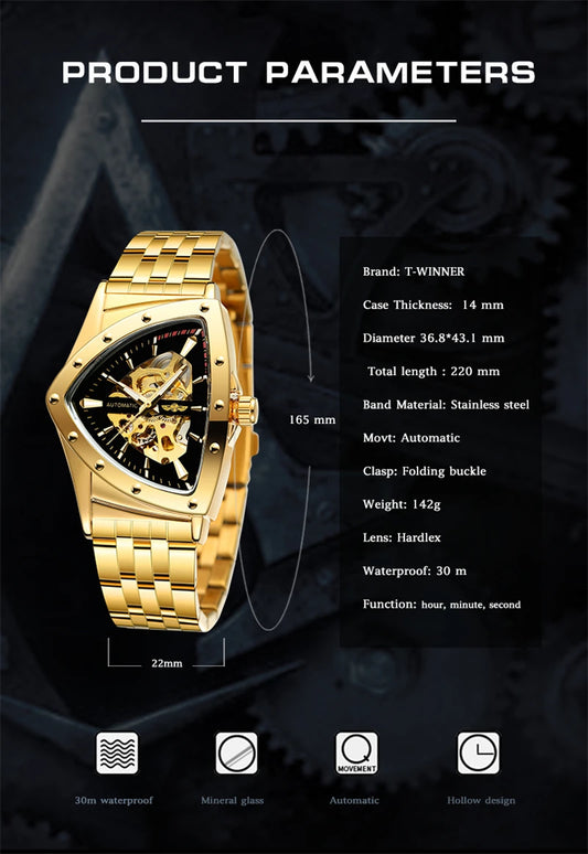 Winner 395S New Male Wrist Mechanical Watches Golden Stainless Steel Waterproof Sport Mens Triangle Skeleton Watch Transparent