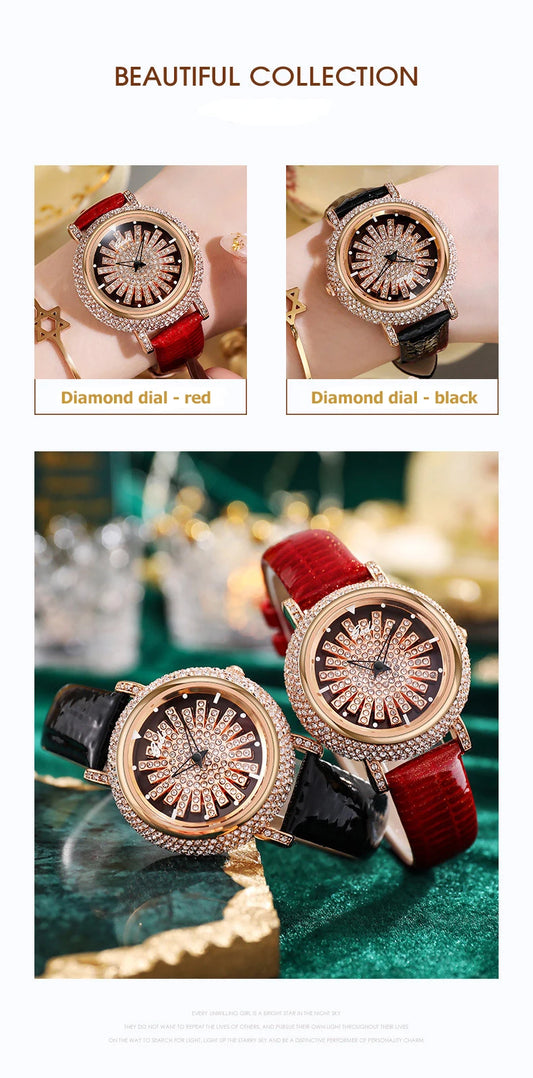 UTHAI Watch For Women Light Luxury Diamond Set 360 ° Running Clock Waterproof Genuine Leather Female's Fashion Quartz Watches