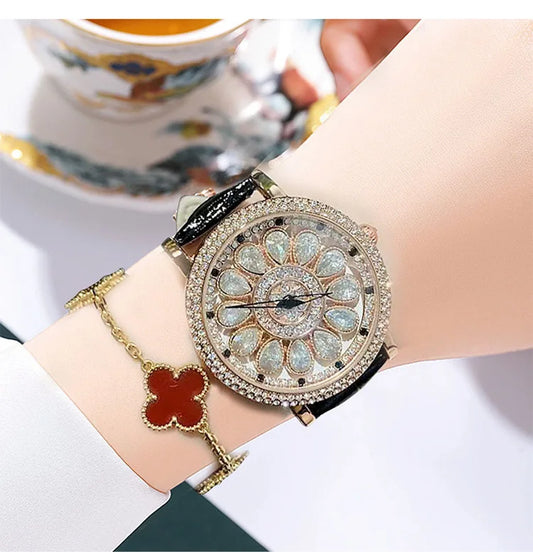 UTHAI Women's Fashion Quartz Watch 360 ° Time Comes and Turns Diamond Inlaid Dial Waterproof Female Creative Clock Wristwatches