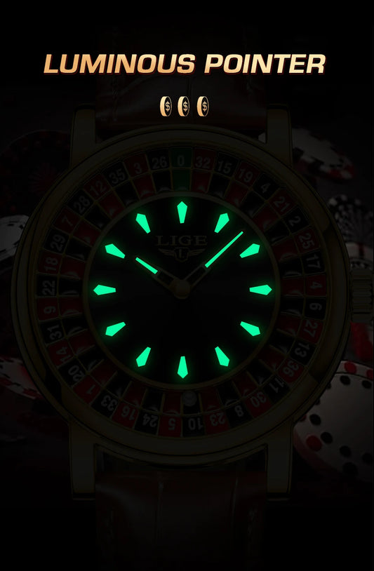 LIGE Quartz Man Watch Fashion Luxury Creative Roulette Game Dial Design Leather Casual Life Waterproof Watches for Men Gifts+Box