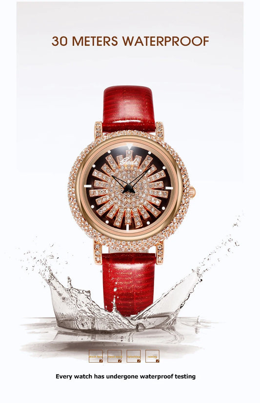 UTHAI Watch For Women Light Luxury Diamond Set 360 ° Running Clock Waterproof Genuine Leather Female's Fashion Quartz Watches