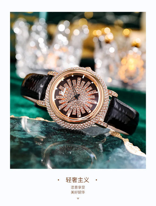 UTHAI Watch For Women Light Luxury Diamond Set 360 ° Running Clock Waterproof Genuine Leather Female's Fashion Quartz Watches