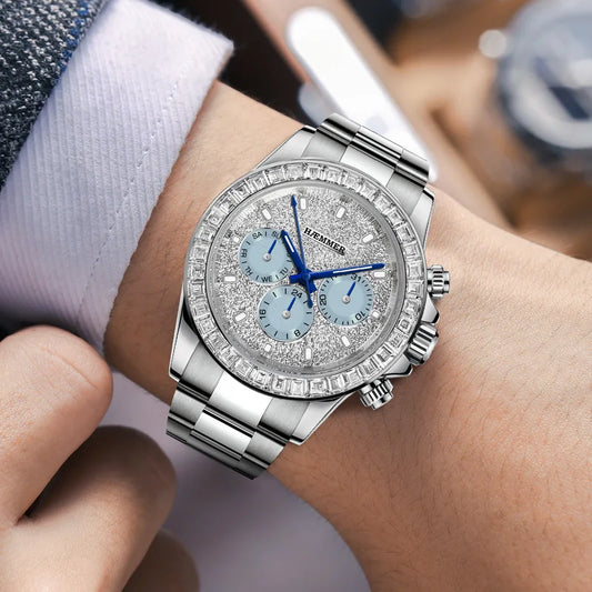2024 HAEMMER New Men's Watch Luxury Automatic Watch Men's Stainless Steel Multi functional Mechanical Watch Diamond Waterproof