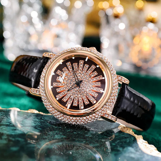 UTHAI Watch For Women Light Luxury Diamond Set 360 ° Running Clock Waterproof Genuine Leather Female's Fashion Quartz Watches