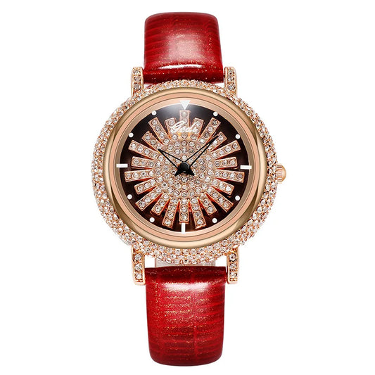 UTHAI Watch For Women Light Luxury Diamond Set 360 ° Running Clock Waterproof Genuine Leather Female's Fashion Quartz Watches