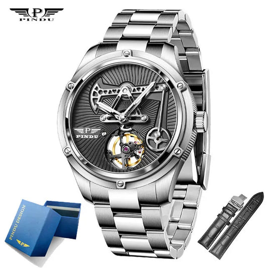 PINDU New Mechanical Watch For Men Leather Sapphire Crystal Business Men's  Watch Miyota 8215 Automatic Watches 50M Waterproof