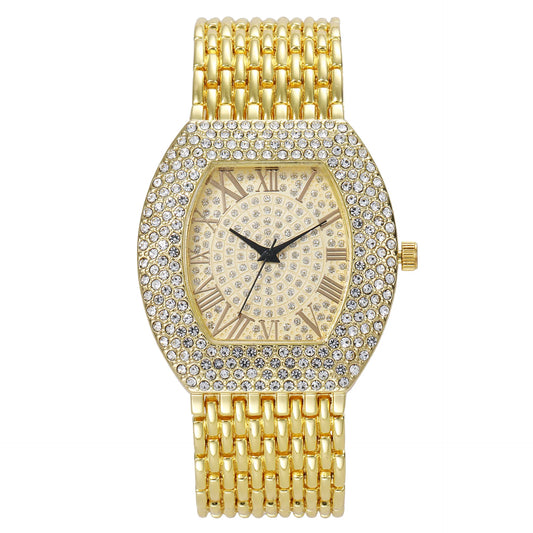 UTHAI H64 Women's Full Diamond Watch Temperament Gold Steel Band Barrel shaped Full Sky Star Vintage Fashion Quartz Wristwatches