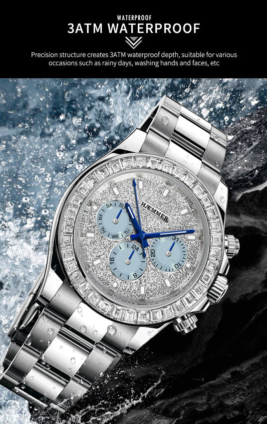 2024 HAEMMER New Men's Watch Luxury Automatic Watch Men's Stainless Steel Multi functional Mechanical Watch Diamond Waterproof