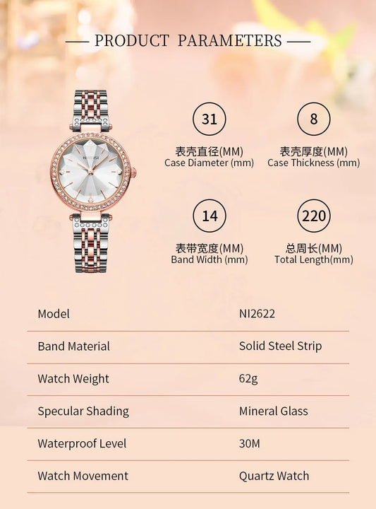 NIBOSI Simple Romantic Female Watch Rhinestone Dial Rhombus Stainless Steel Luxury Lady Quartz Wristwatches Relogio Feminino