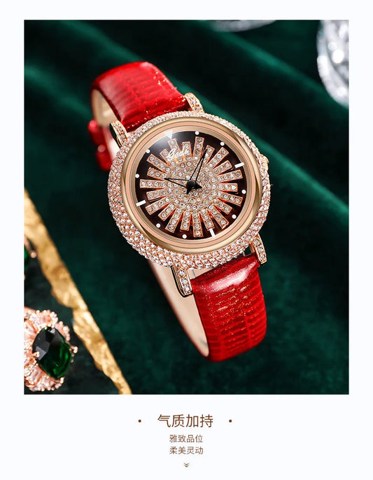 UTHAI Watch For Women Light Luxury Diamond Set 360 ° Running Clock Waterproof Genuine Leather Female's Fashion Quartz Watches