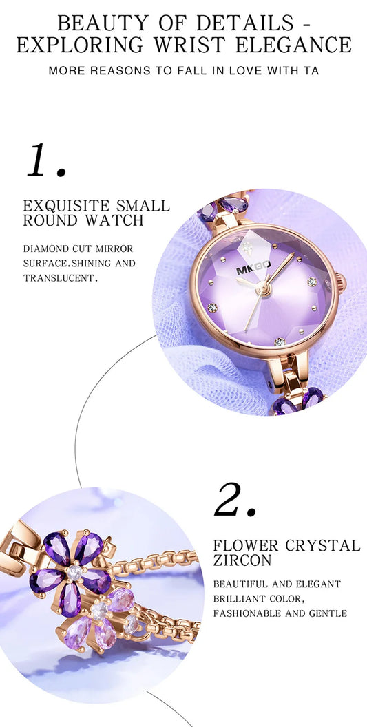 UTHAI W39 Women's Fashion Light Luxury Quartz Bracelet Watch Waterproof Premium Exquisite Violet Crystal Female's Watches Gift