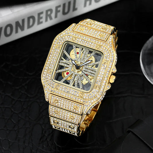 THAI W86 New 2024 Fashion Square Men's Watches Luxury Hollow Hip Hop Full Diamond Metal Waterproof Male Quartz Clock Watch Gift