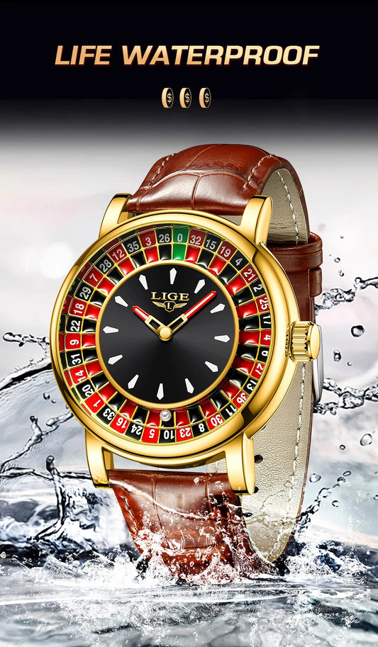 LIGE Quartz Man Watch Fashion Luxury Creative Roulette Game Dial Design Leather Casual Life Waterproof Watches for Men Gifts+Box