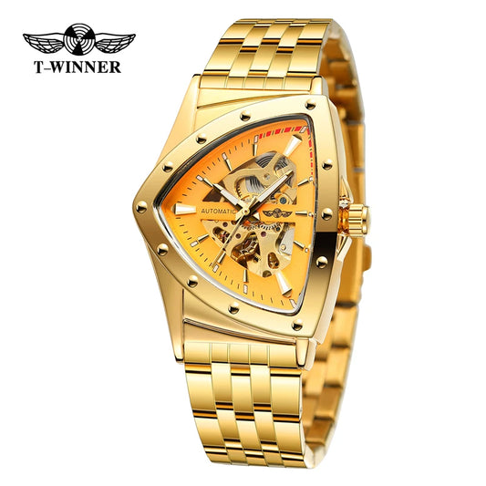 Winner 395S New Male Wrist Mechanical Watches Golden Stainless Steel Waterproof Sport Mens Triangle Skeleton Watch Transparent
