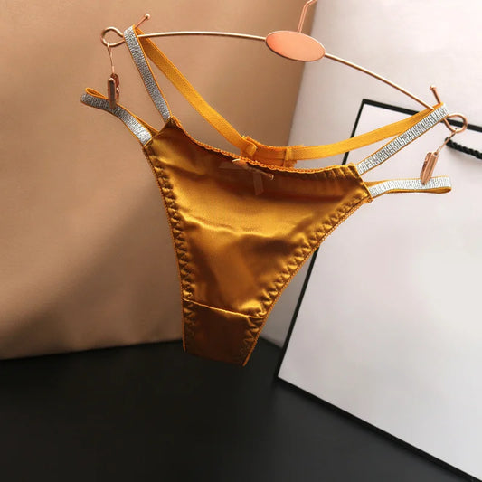 1pc Women Sexy Silky Panties Thin Thong Ice Silk Underwear Shiny Belt Double Strap Lace Low-rise Lingerie