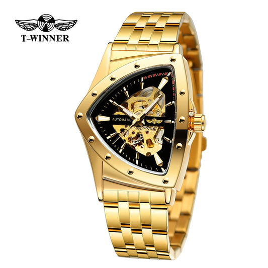 Winner 395S New Male Wrist Mechanical Watches Golden Stainless Steel Waterproof Sport Mens Triangle Skeleton Watch Transparent