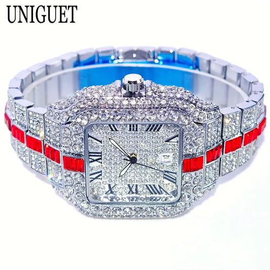 Hot Fashion Full Diamond Watch Men UNIGUET Brand Hip Hop Iced Out Bling Jewelry Square Quartz Wristwatch For Man Dropshipping
