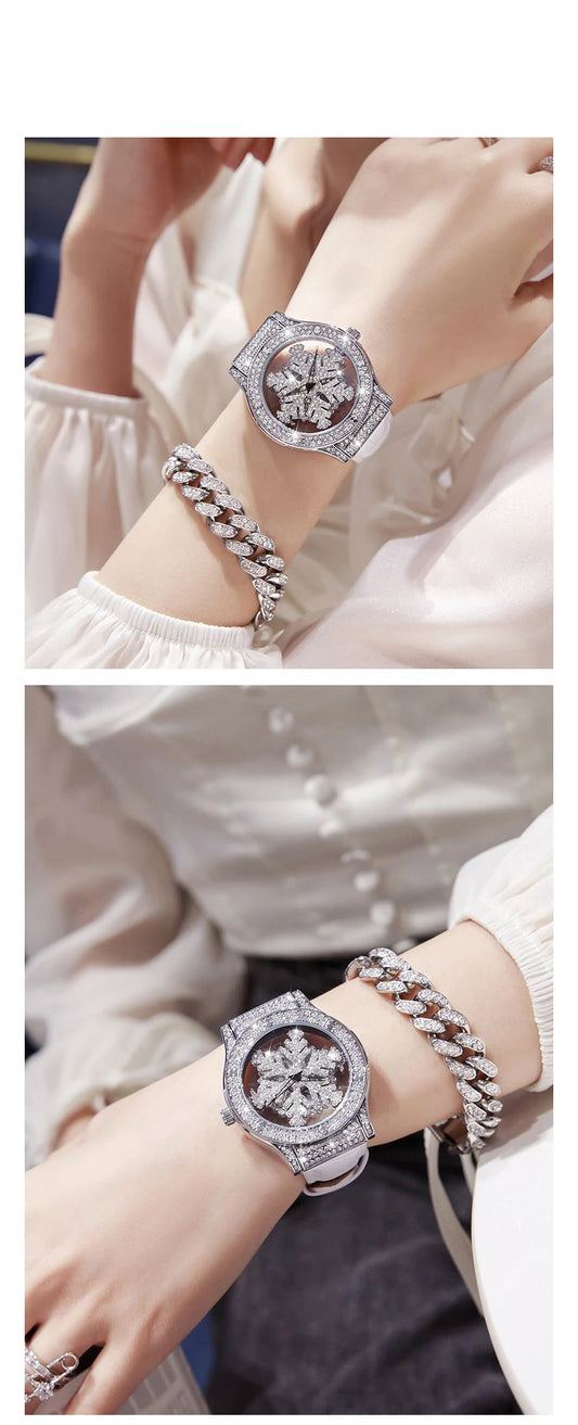 UTHAI L58 Watch For Women Light Luxury Leather Strap 360 Degrees Rotary Snowflake Hollow Diamond Ladies Watches Waterproof Clock