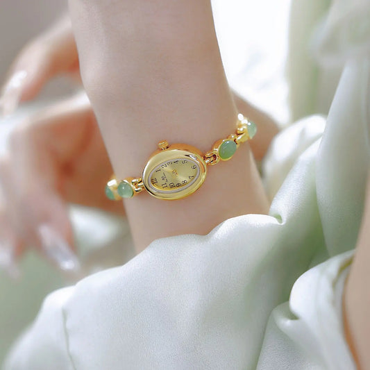 2025 Women quartz Watch Luxury Brand Retro Natural Dongling Stone Hotan Jade Waterproof Ladies Advanced Chain Wristwatches gift
