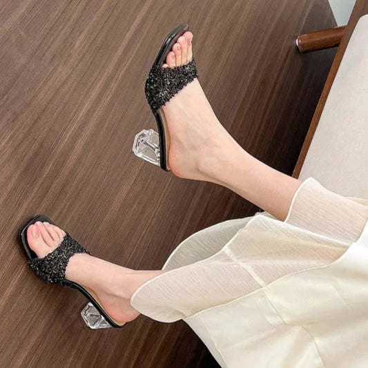 Summer Fashion Square Toe Thick Heel PVC Banquet High Heel Slippers New Style Sequins Comfortable/lightweight Women's Shoes