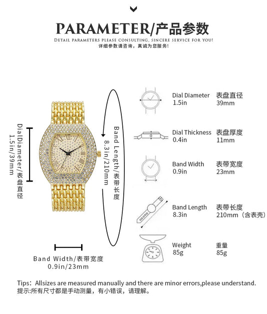 UTHAI H64 Women's Full Diamond Watch Temperament Gold Steel Band Barrel shaped Full Sky Star Vintage Fashion Quartz Wristwatches