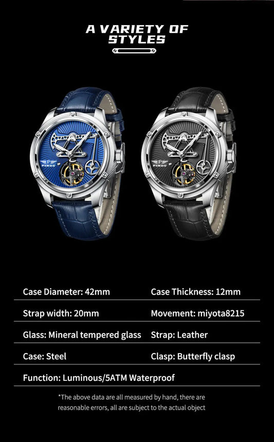 PINDU New Mechanical Watch For Men Leather Sapphire Crystal Business Men's  Watch Miyota 8215 Automatic Watches 50M Waterproof
